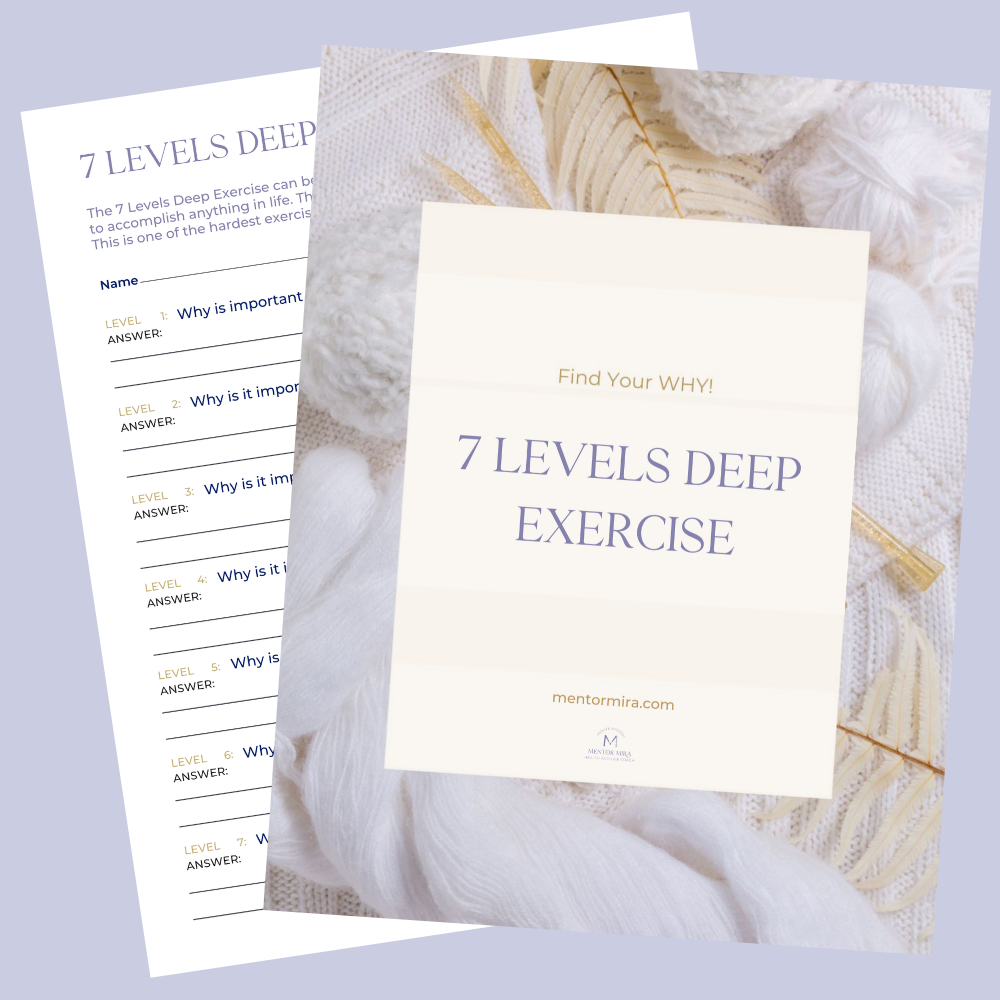 Cover and worksheet of the free 7 Levels Deep exercise for finding your midlife why